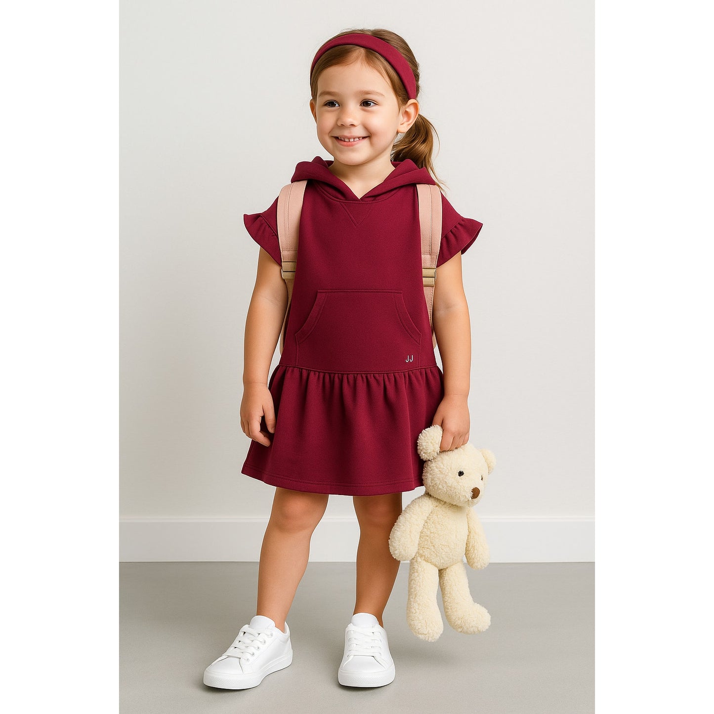 Janie and Jack Girls Burgundy Hooded Dress | French Terry Drop Waist Ruffle Sleeve | Size 5