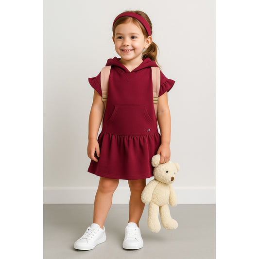 Janie and Jack Girls Burgundy Hooded Dress | French Terry Drop Waist Ruffle Sleeve | Size 5