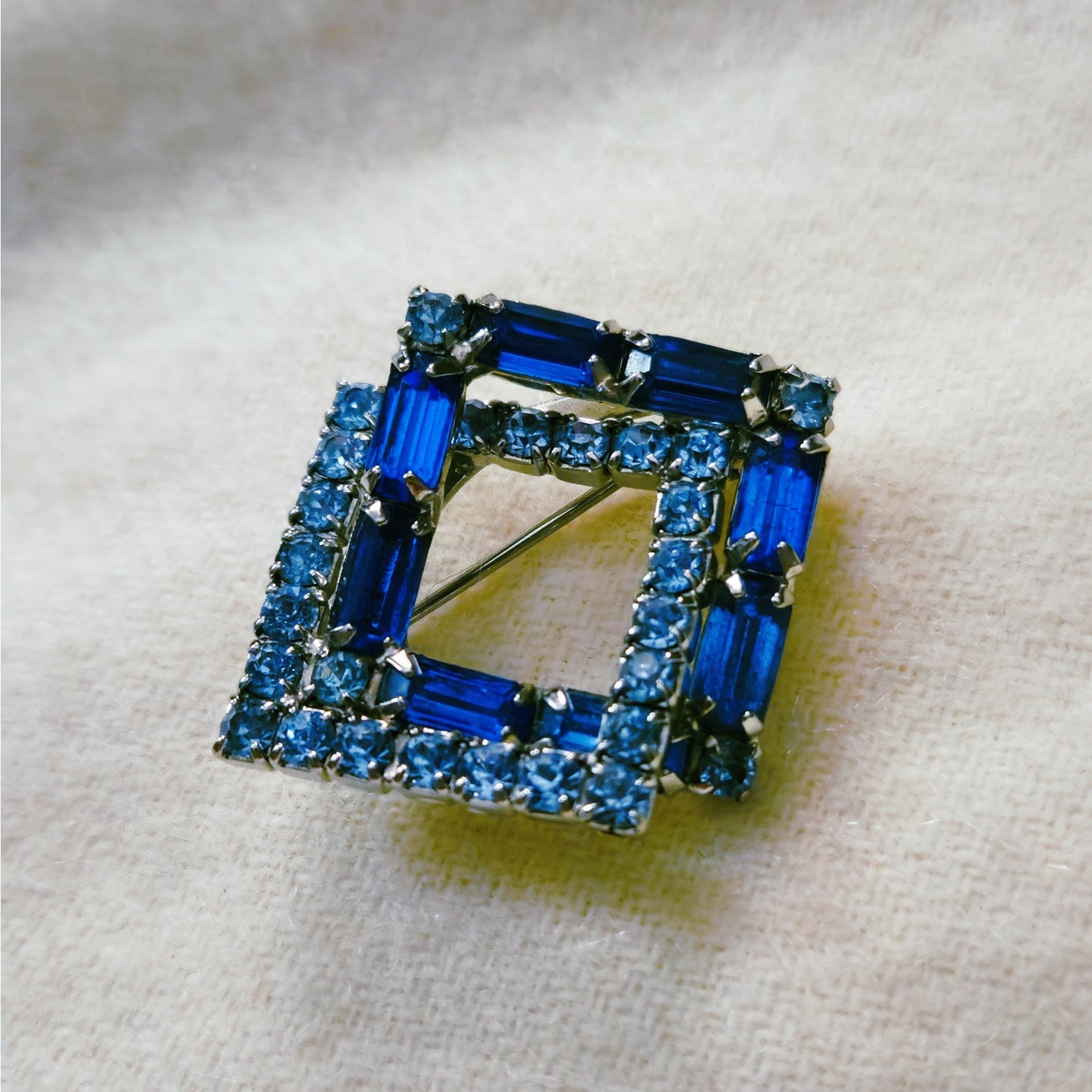 Vintage Art Deco Square Blue Rhinestone Brooch | Mid Century Statement Pin
