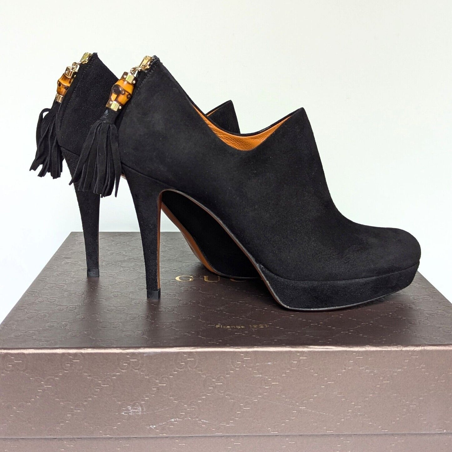 Gucci Betty High Heel Platform Bootie Size 36.5 | 6.5 Black Suede Bamboo Tassel