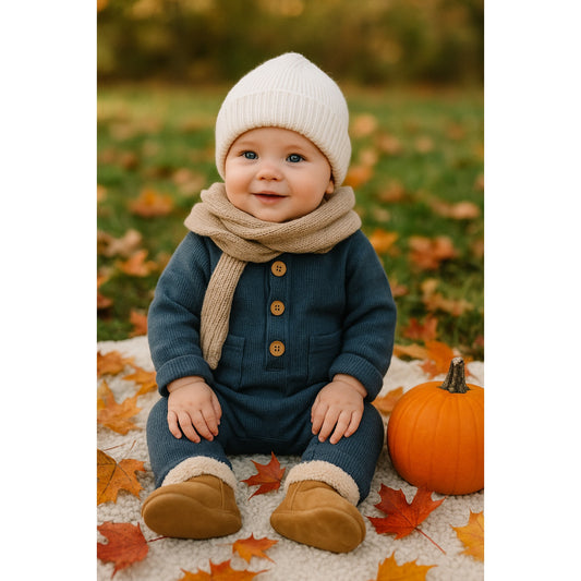 Waffle Knit Romper with Coconut Buttons | Slate Blue | Size 6-9 Months