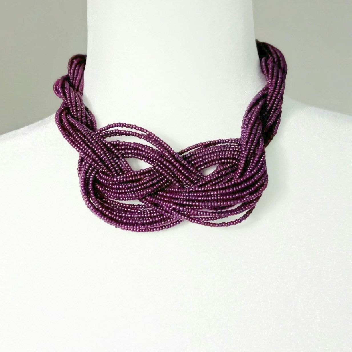 Vintage Y2K Multi-Strand Seed Bead Statement Necklace | Plum Purple Braided Knot