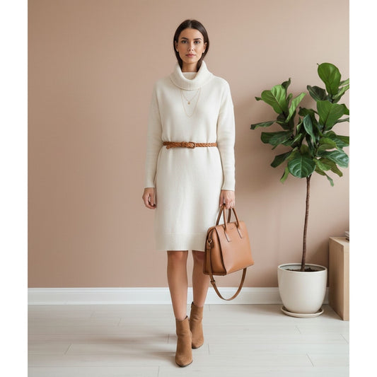 Sonoran Cowl Neck Sweater Dress in Ivory | Women's L | Wool Alpaca Blend
