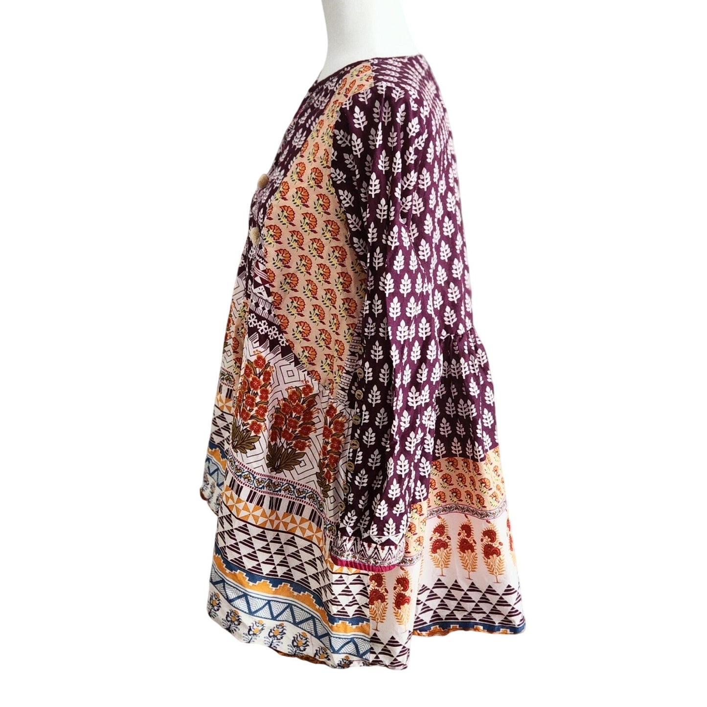 Khaadi Cotton Pom Pom Long Sleeve Flare Tunic Boho Artisan Print | Women Size 8