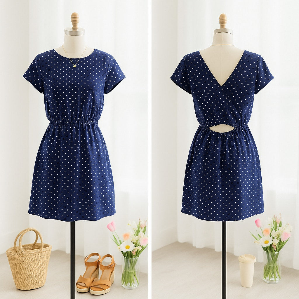 Madewell Silk Cross-Back Dress | Dots & Stars Print | Midnight Blue | Women Size 2 | Short Sleeve Lined Party Brunch Dress