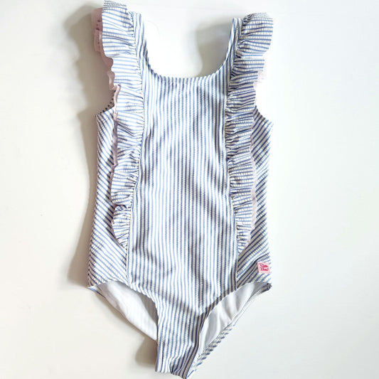 RuffleButts Blue & White Seersucker Waterfall One Piece Swimsuit Size 10
