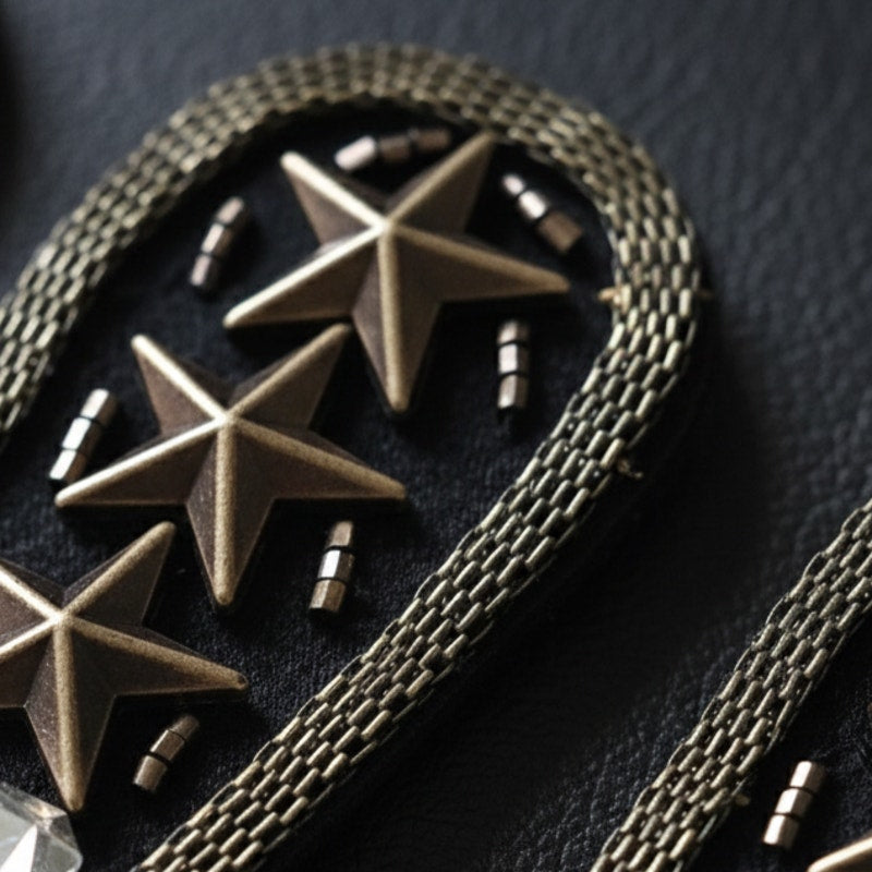 Vintage Boho Rock Epaulette Brooch Set – Gunmetal Chain Fringe Star Pins – Festival Western Statement Accessories
