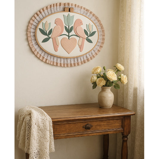 Vintage Cottagecore Peach Love Birds Tulips Heart Hoop Wall Art – Large 18"x26" | Home Decor