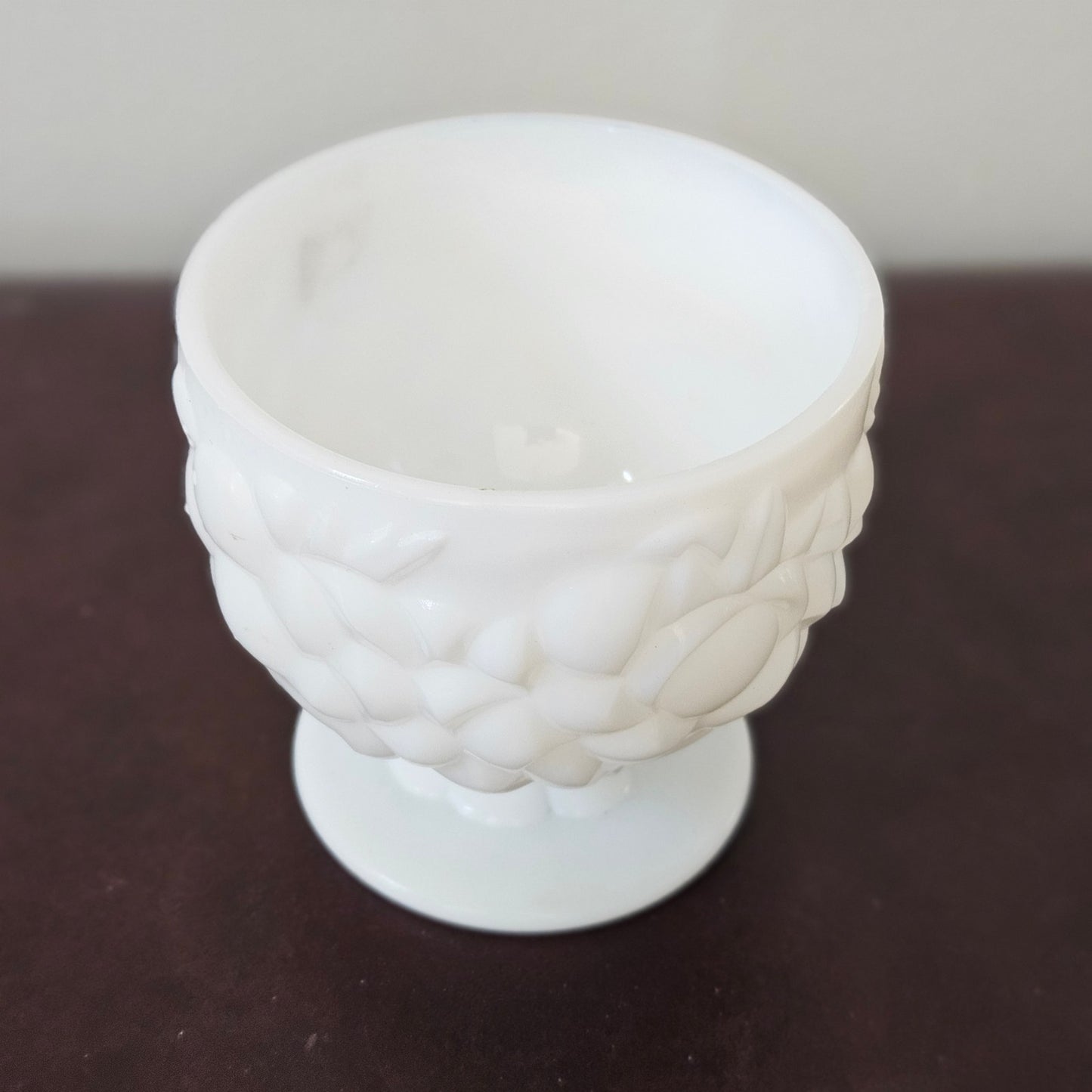 Vintage Milk Glass Pedestal Compote – Grape Pattern 5” Bowl