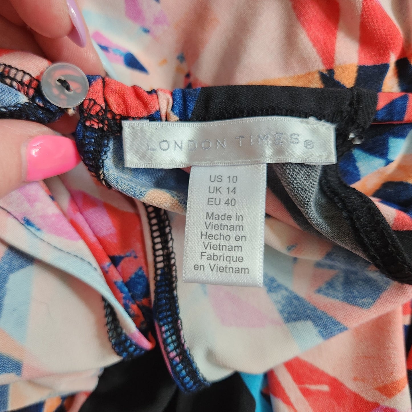 London Times Women's Halter Graphic Ikat Pink & Black Print Maxi Dress Size 10