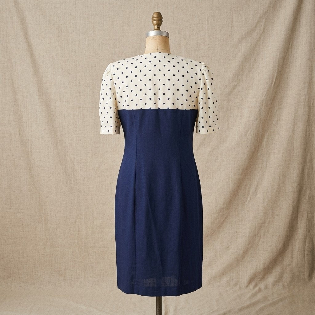 Vintage 1990s Damon Petite Navy and White Polka Dot Dress | Women's 10 | Union Made USA