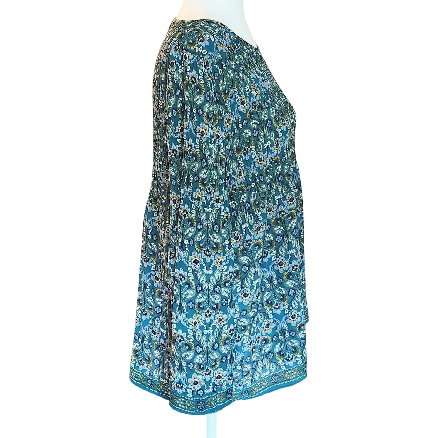 🛍️ Max Studio Women’s Green Floral Crepe Pleated Long Sleeve Blouse – Size L