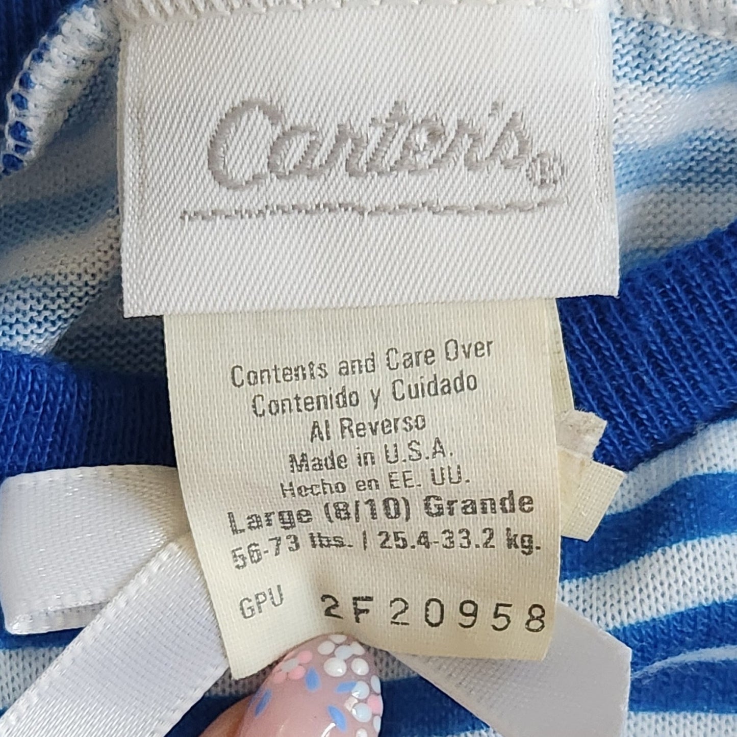 Vintage 90s Carter's Teddy Bear Nightgown | Blue White Striped Long Sleeve Girls Pajama Dress Size 8/10 USA Made