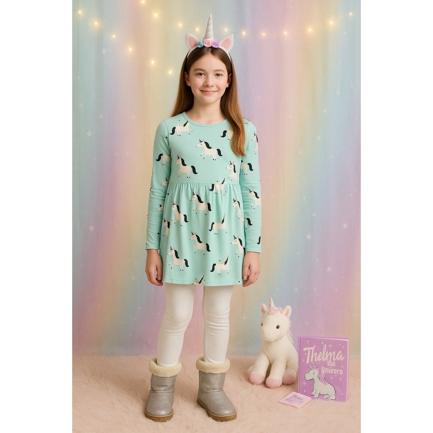 Hanna Andersson Unicorn Popover Dress | Mint Aqua Long Sleeve 100% Cotton | Girls Size 12 / 150 cm