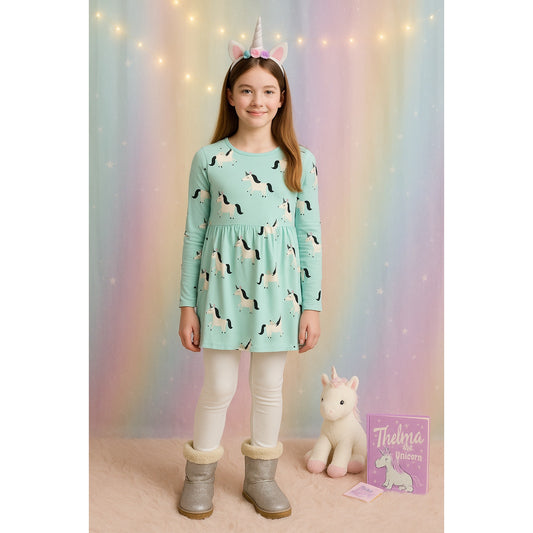 Hanna Andersson Unicorn Popover Dress | Mint Aqua Long Sleeve 100% Cotton | Girls Size 12 / 150 cm