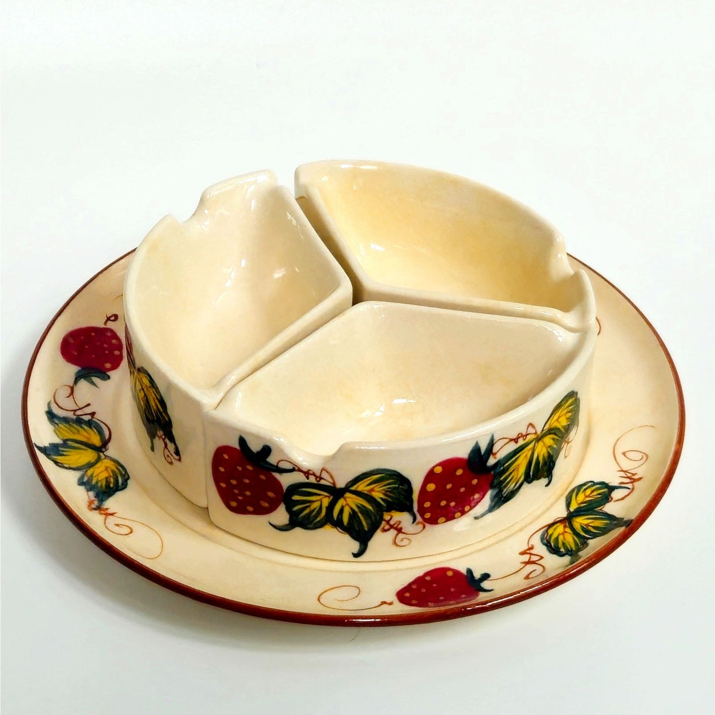 Vintage Hand-Painted Ceramic Strawberry Trio Server