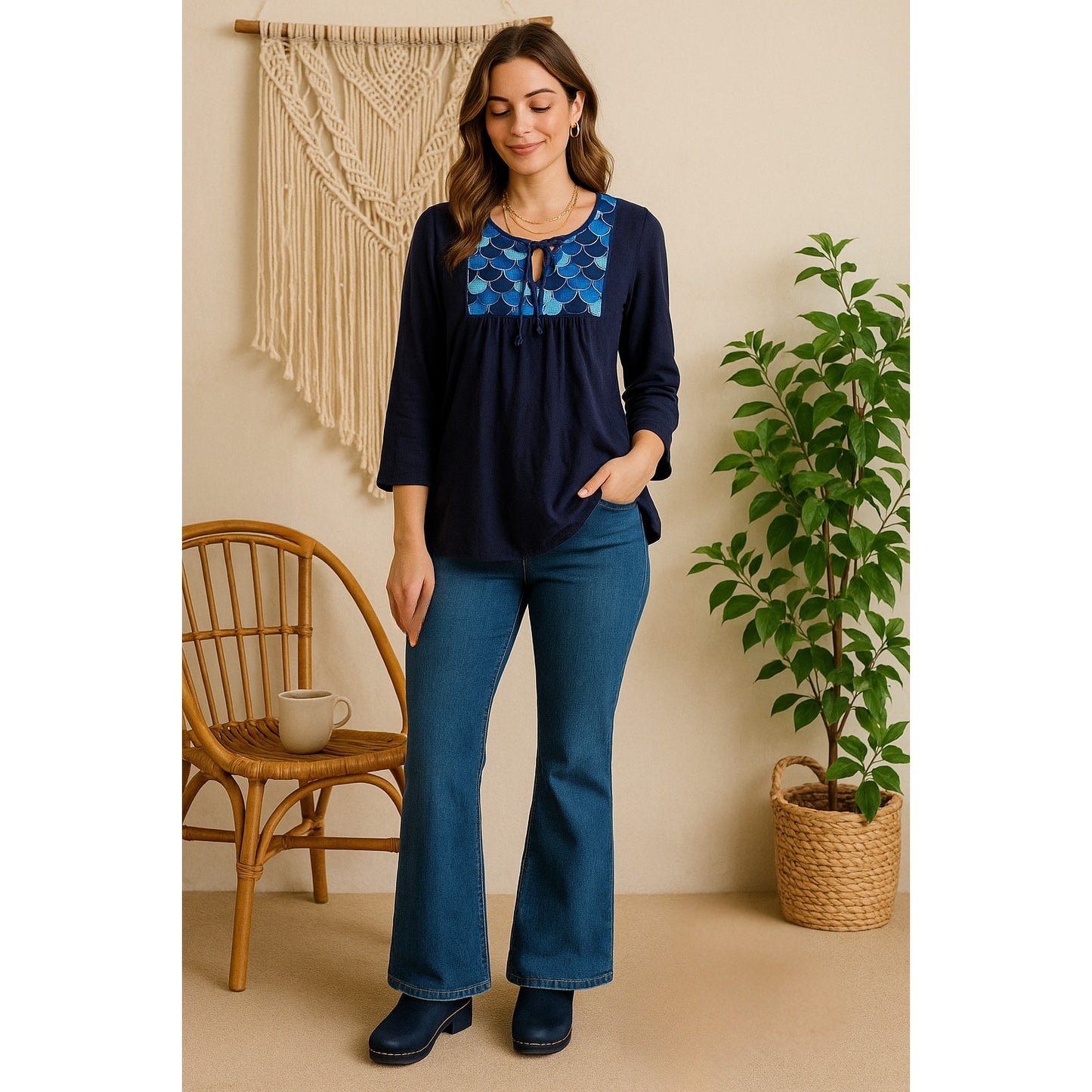 Boden Women's Blue 3/4 Sleeve Cotton Boho Embroidered Bib Tunic Top US 6 | UK 10