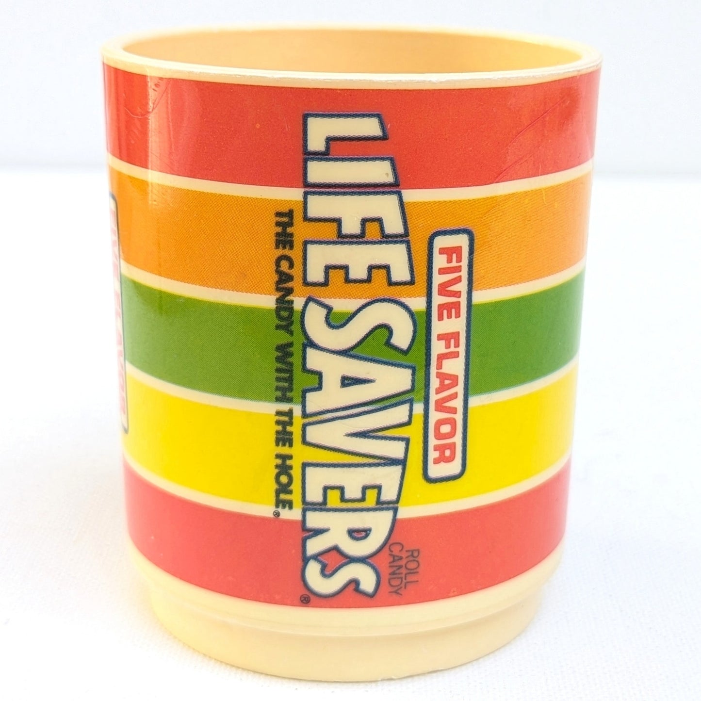 Vintage 1980s Lifesavers Five Flavor Promotional Mug – Retro Plastic Candy Cup – Bright Rainbow Home Kitchenware – Collectible Advertising Mug