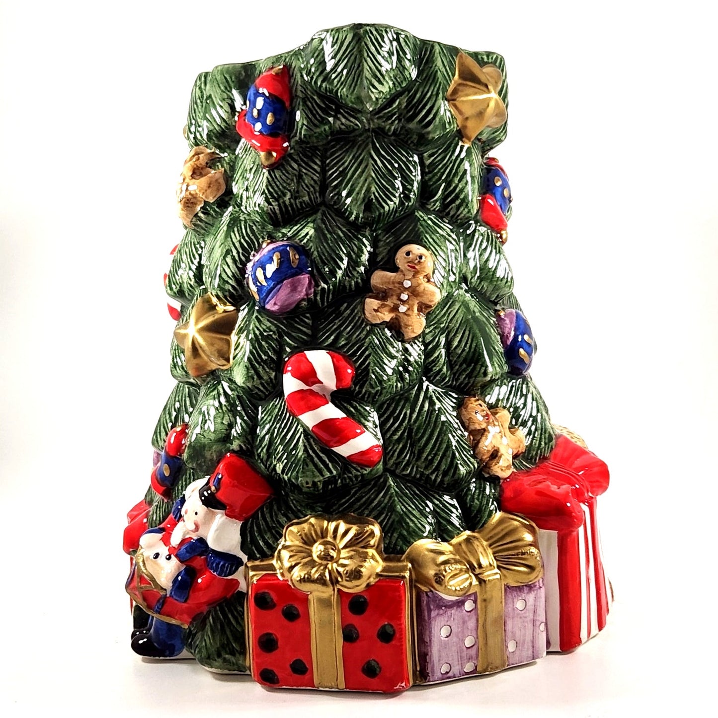 1994 Christmas Tree Ceramic Pitcher with Candy Cane Handle, Teddy Bear & Gift Box Details