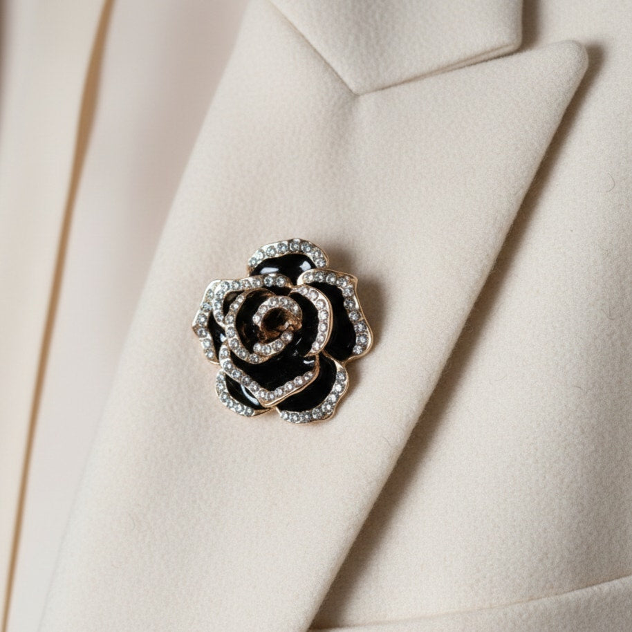Vintage Rose Gold Tone Rose Brooch | 1990s Black Enamel & Rhinestone Flower Pin