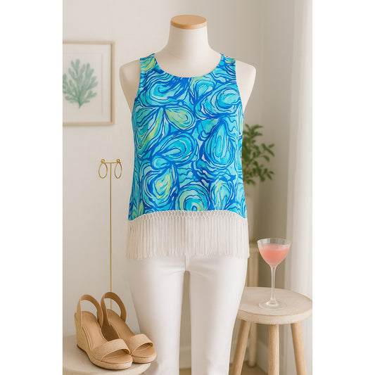 Lilly Pulitzer Women's Sonya Top – Sparkling Blue "Oh Shucks" Oyster Print Fringe Hem Size 8