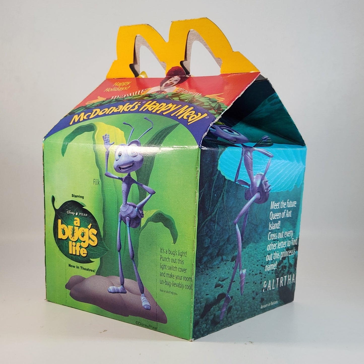 1998 McDonald’s Happy Meal Box – Disney Pixar A Bug’s Life Movie Promotion – Flik, Princess Atta, Dot, Hopper