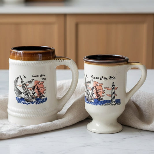 Vintage Ocean City, Maryland Mug Set – Nautical Sailboat & Lighthouse – 1980s Maryland Souvenir Coffee Cups – Coastal Barware Pair