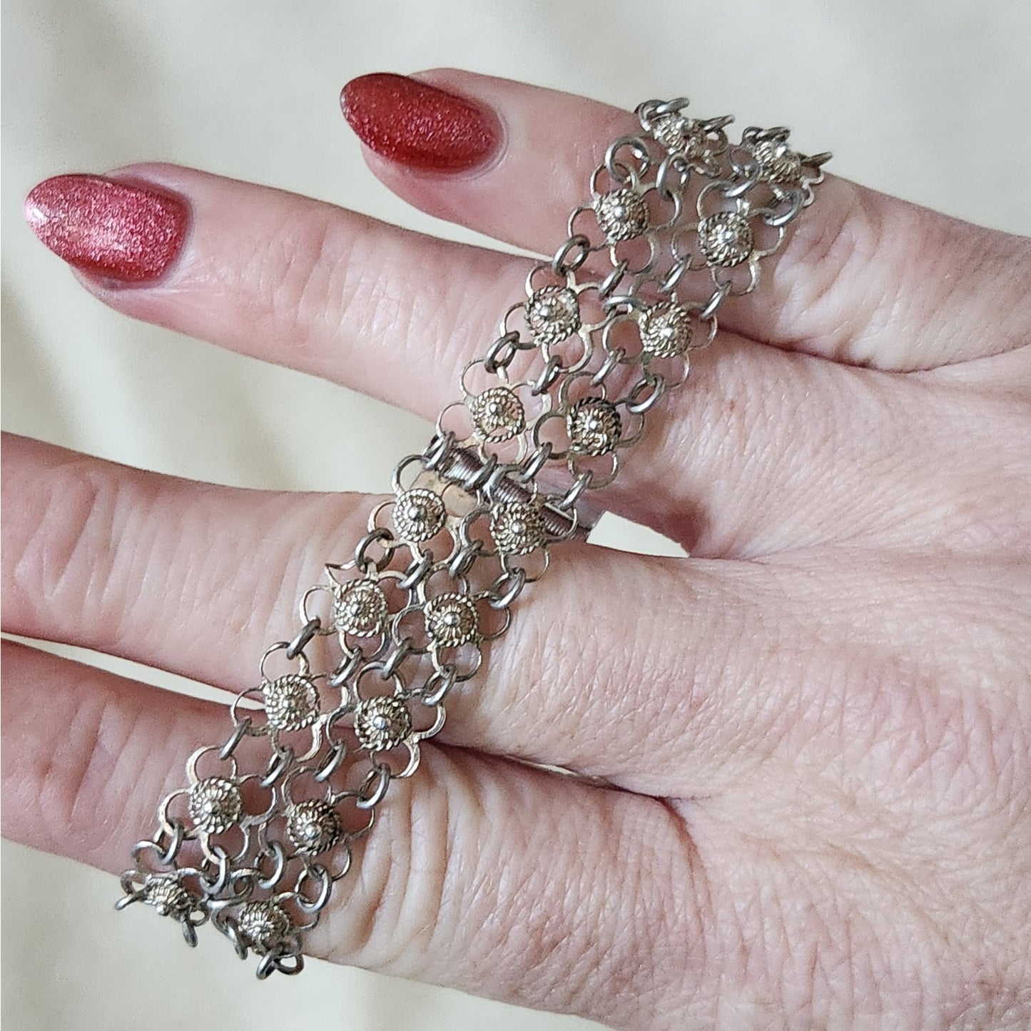 Mid-Century Sterling Silver Filigree Link Bracelet