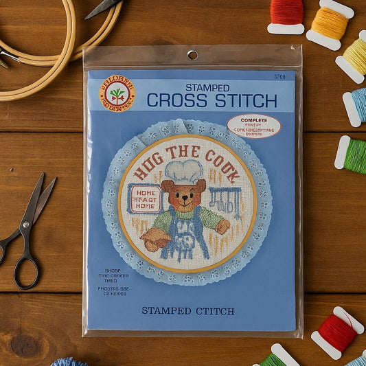 Vintage 1986 Colortex “Hug the Cook” Bear Stamped Cross Stitch Kit – Kitchen Home Decor – Teddy Bear Chef Embroidery – Complete Sealed 10.5”