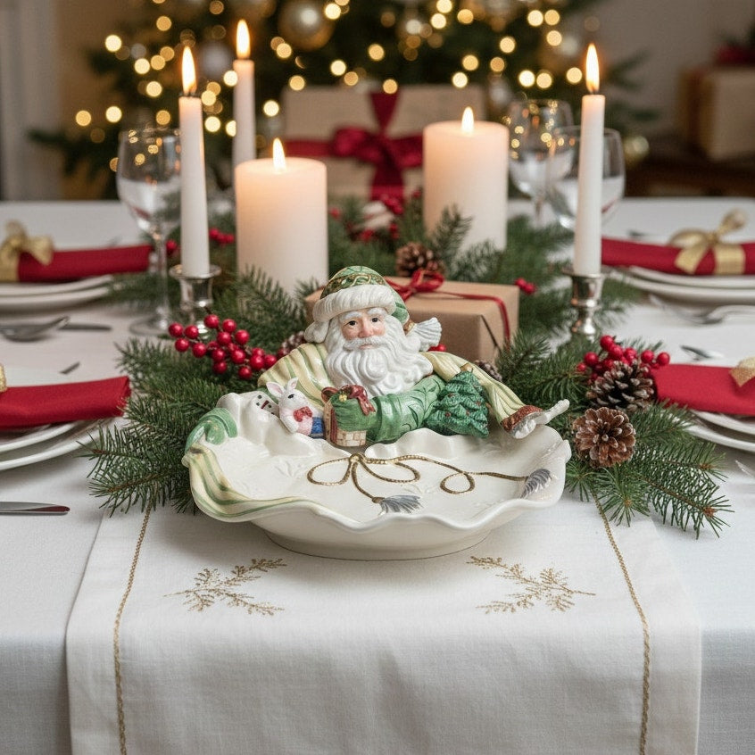 Fitz & Floyd Gregorian Santa Figural Serving Bowl – 14” Round Christmas Centerpiece – Vintage 1990s/2000s