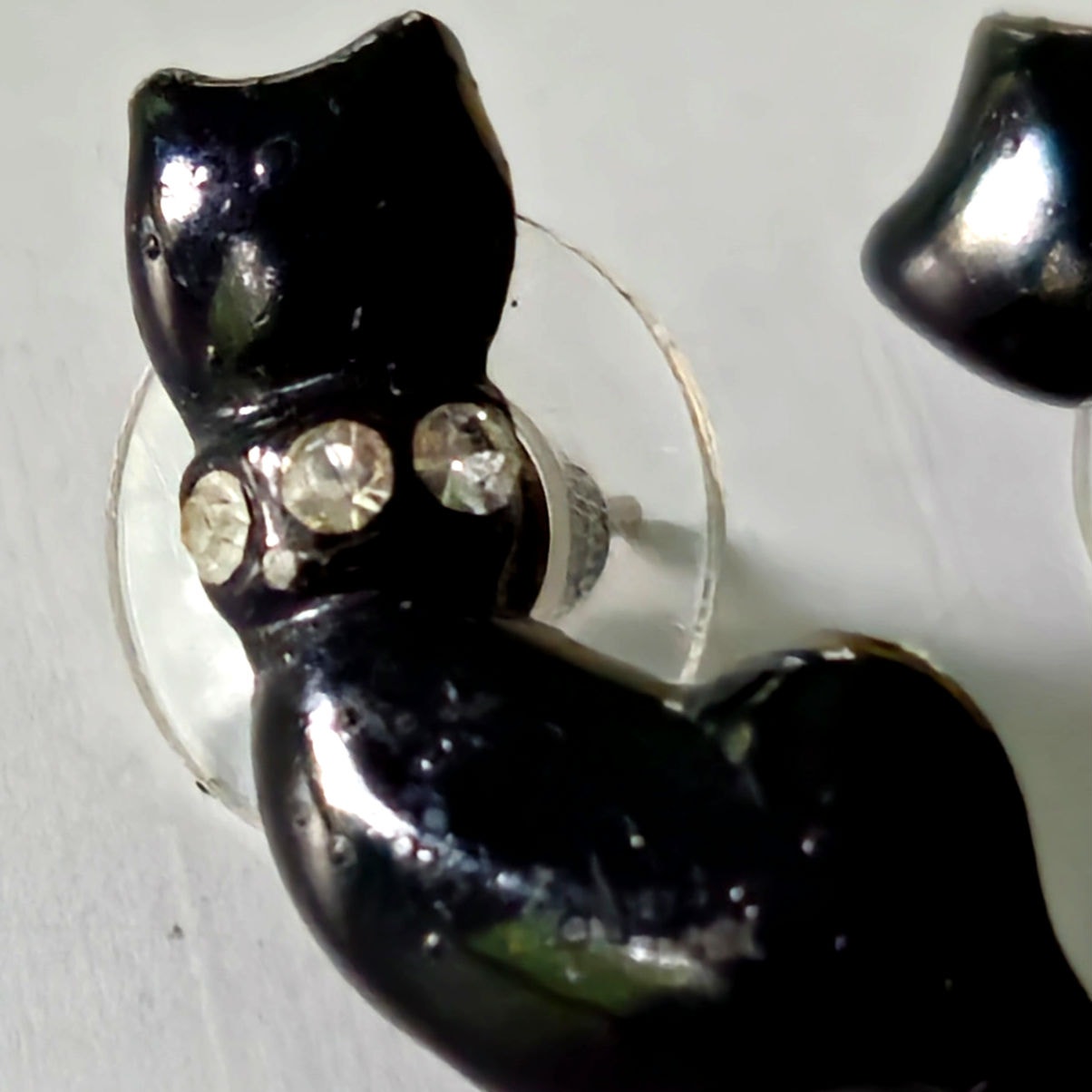 Vintage 1990s Black Cat Stud Earrings with Rhinestone Collar | Costume Halloween