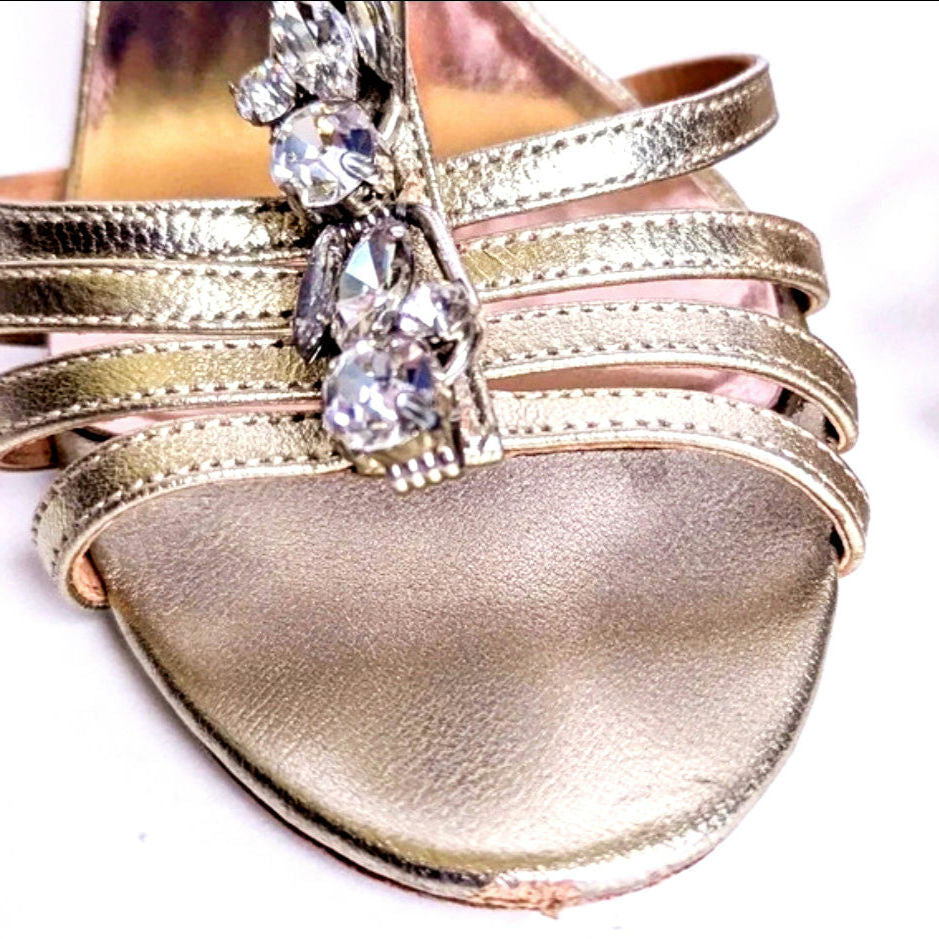 Badgley Mischka Kole T-Strap Jewel Embellished Wedge Sandals Gold Metallic | Women's Size 8.5