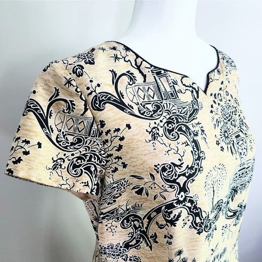 Talbots 100% Silk Sheath Dress – Asian Motif Beige & Black Women's Size 10