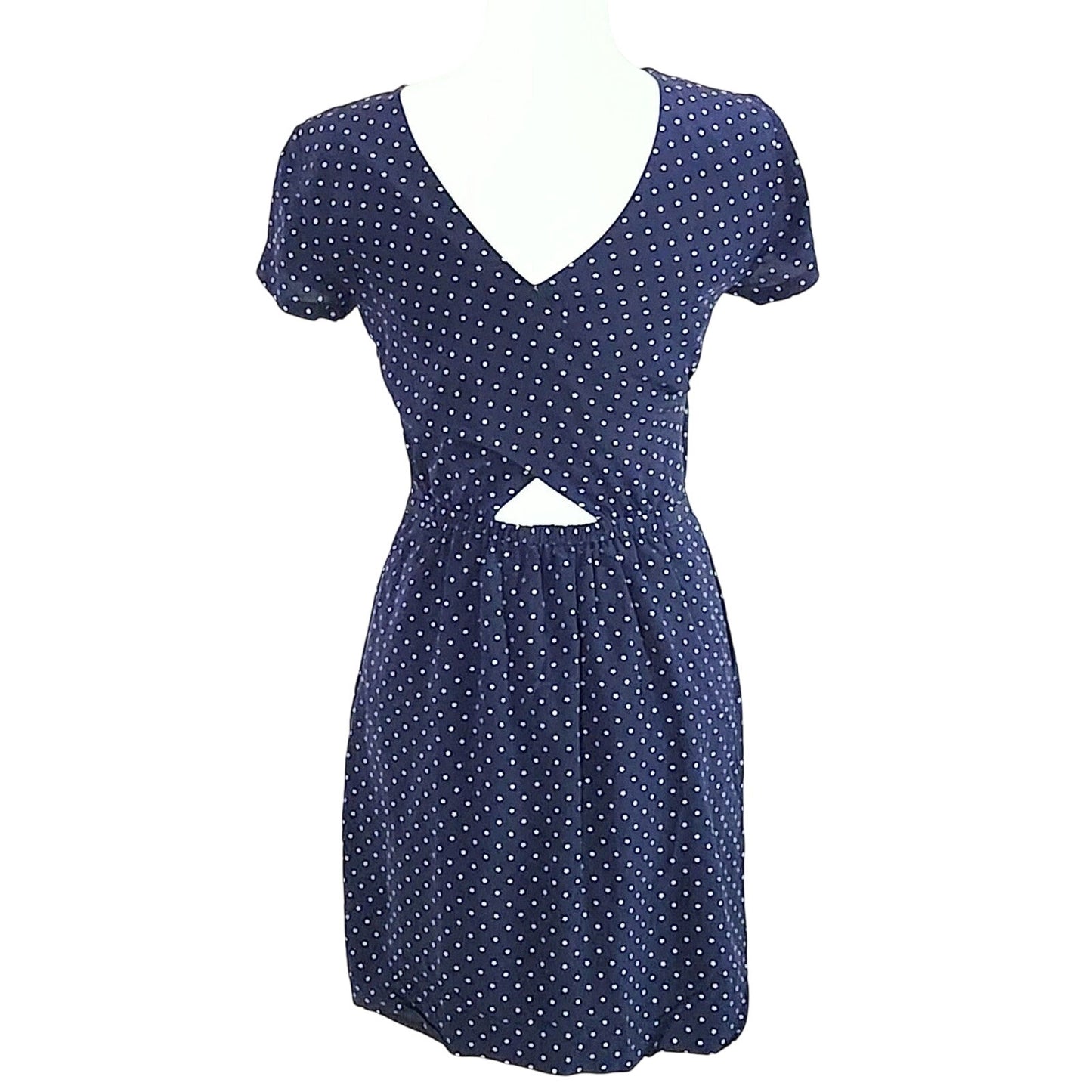 Madewell Silk Cross-Back Dress | Dots & Stars Print | Midnight Blue | Women Size 2 | Short Sleeve Lined Party Brunch Dress