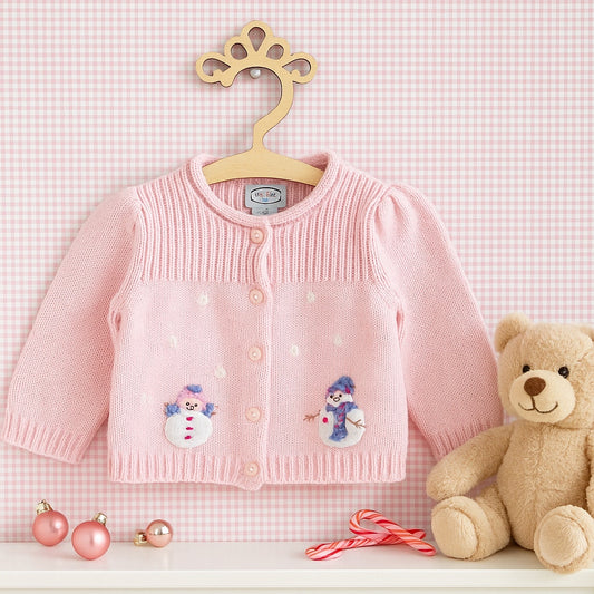 Talbots Kids Vintage 1990s Baby Girl Winter Cardigan | Pink Cotton Knit Sweater with Snowman Appliques | Puff Sleeves 12M | Eczema-Friendly
