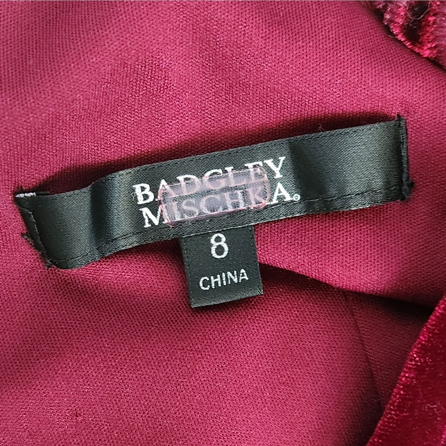 Badgley Mischka Burgundy Velvet Lace Sleeve Cocktail Dress