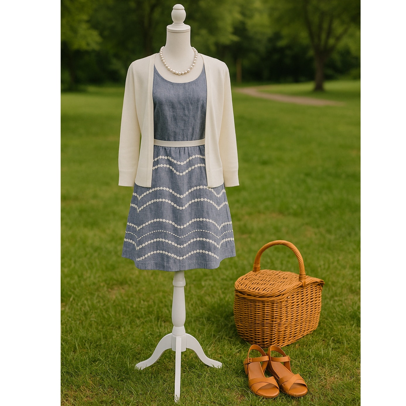 Boden Chambray Wave Dot Linen Dress Blue White Polka Dot A-Line Sleeveless Women's Size 6