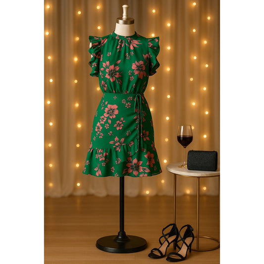 Sam Edelman Green Pink Floral High Neck Ruffle Dress Women's Size 2 Wedding Guest Party Travel