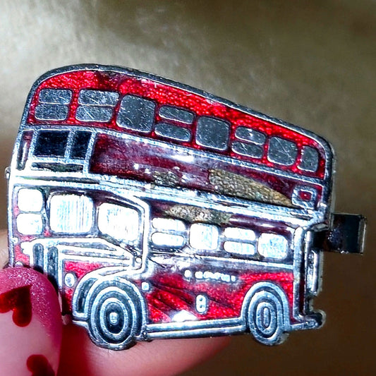 Vintage 1980s Red Double Decker Bus Brooch | Glitter Enamel London Bus Pin | Retro Graphic Jewelry