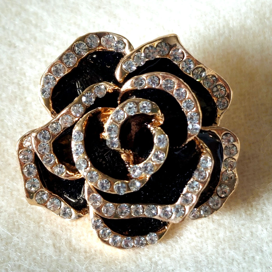 Vintage Rose Gold Tone Rose Brooch | 1990s Black Enamel & Rhinestone Flower Pin