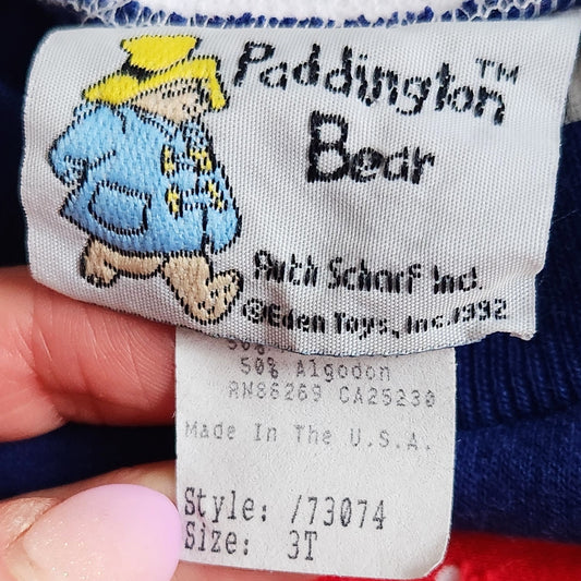 Paddington Bear Vintage 1990s Toddler Girls Blue Sweatshirt Dress Winter Sledding Applique Size 3T