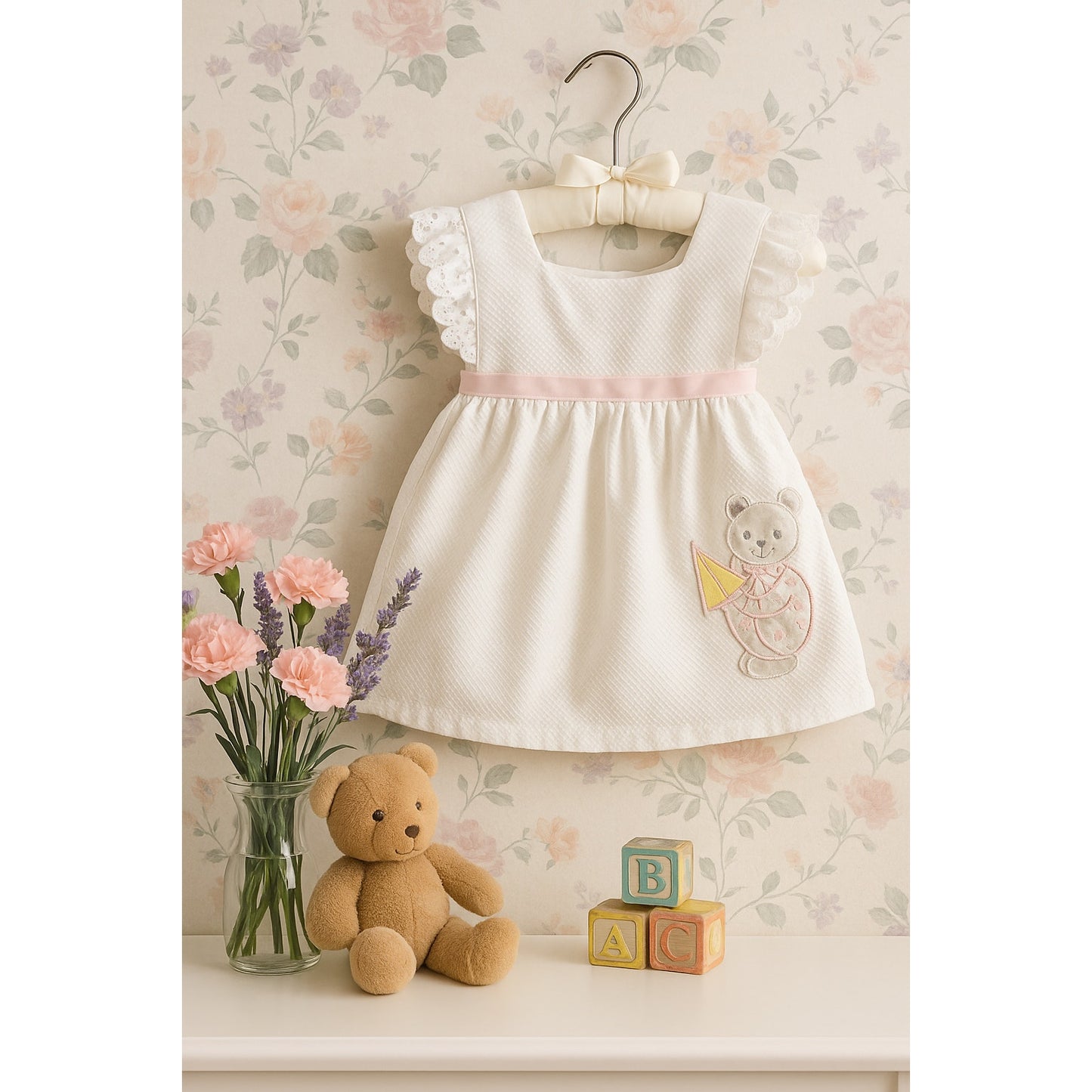 Little Bitty Vintage 1980s Baby Girl Dress 18M – White Waffle Weave with Pink Ribbon, Sailboat & Bear Applique, Eyelet Trim, Made in USA