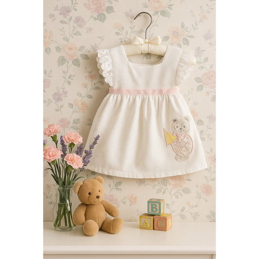 Little Bitty Vintage 1980s Baby Girl Dress 18M – White Waffle Weave with Pink Ribbon, Sailboat & Bear Applique, Eyelet Trim, Made in USA