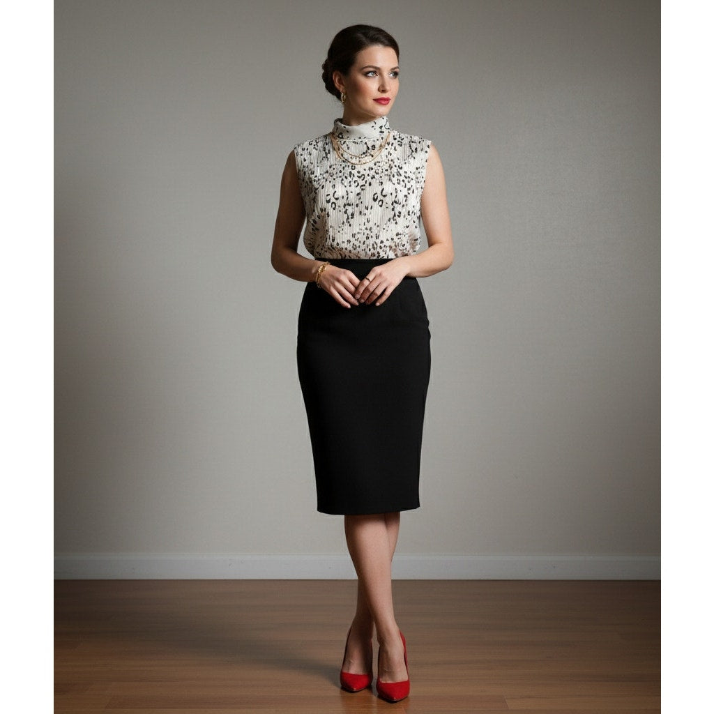 1980s Leopard Print Blouse | Sleeveless Pleated Ivory Black Top | Women's S