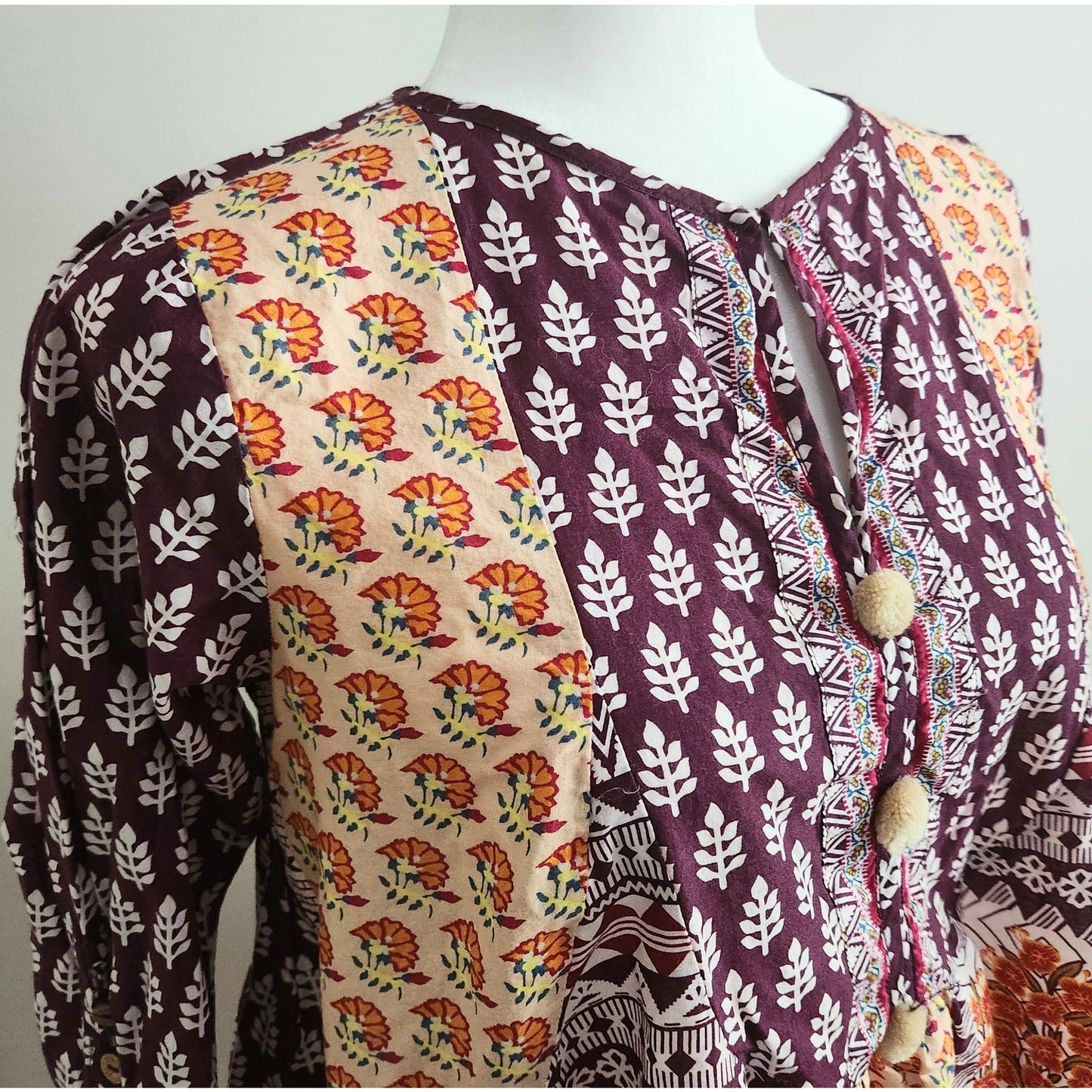 Khaadi Cotton Pom Pom Long Sleeve Flare Tunic Boho Artisan Print | Women Size 8