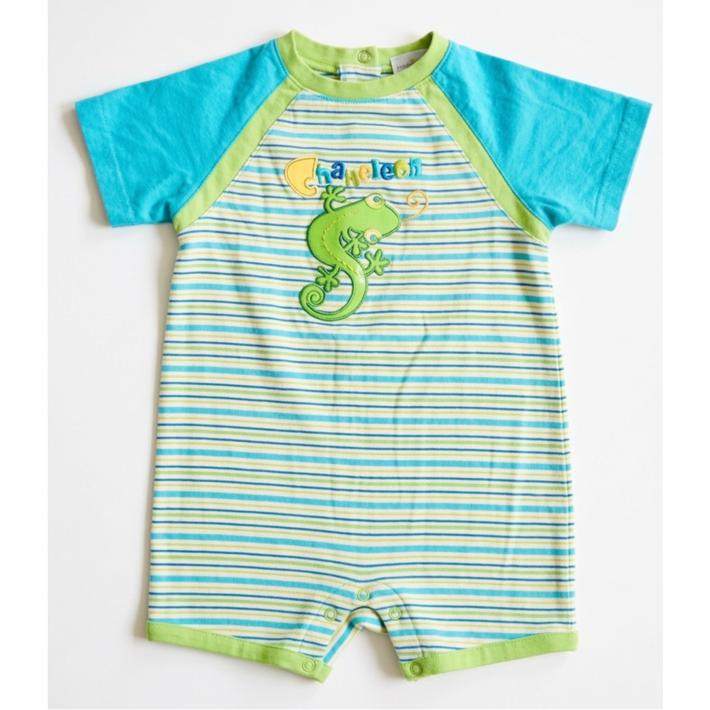 Vintage Okie Dokie Chameleon Baby Romper – 18M Y2K Striped Cotton One Piece