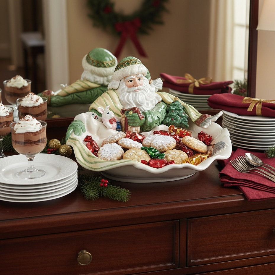 Fitz & Floyd Gregorian Santa Figural Serving Bowl – 14” Round Christmas Centerpiece – Vintage 1990s/2000s