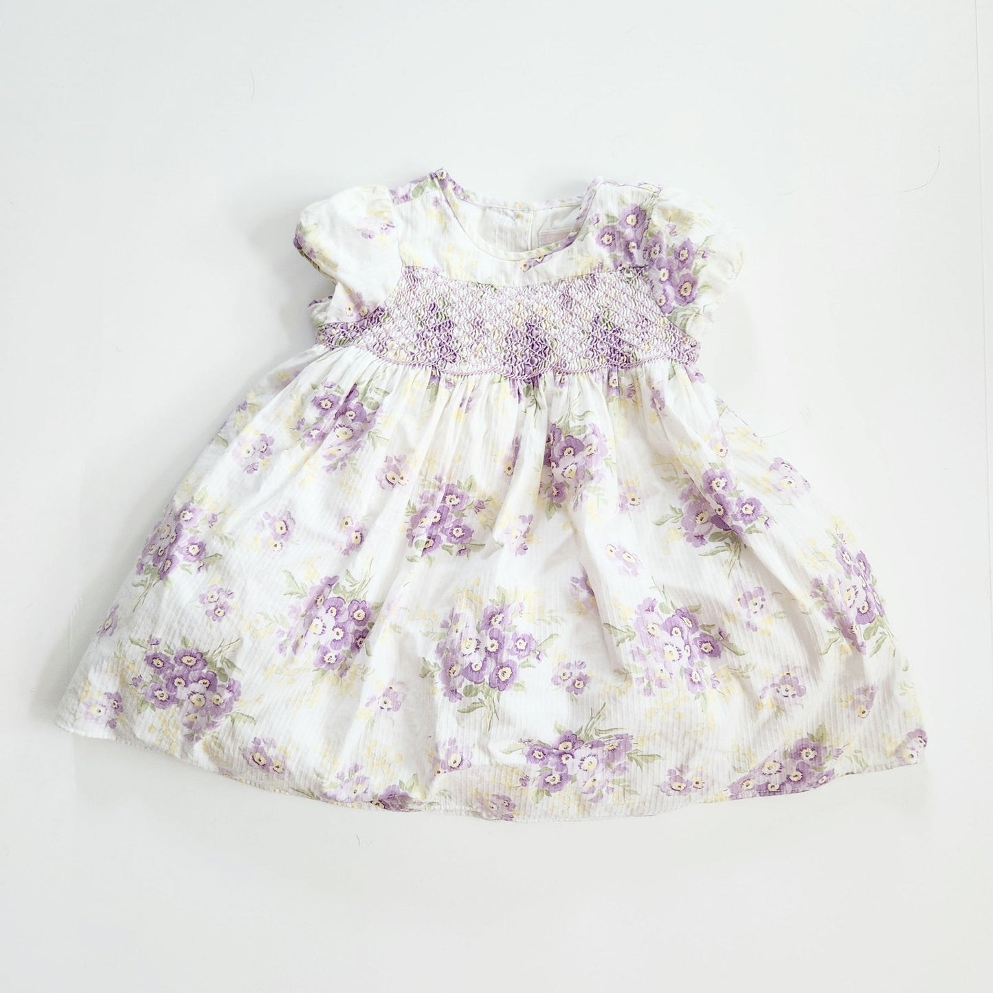 Janie and Jack Layette Hand-Smocked Stripe Dobby Floral Dress Purple Pansy Size 3-6 Months