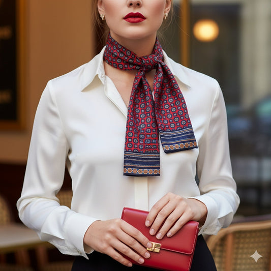 Vintage 1990s Women's Club 7 Echo Silk Scarf – Red & Navy Geometric Print – 26"x11"