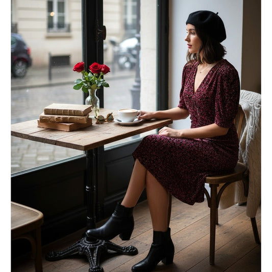 ✨ TOPSHOP “Bizzy Lizzy” Red Velvet Floral Puff Sleeve Tea Dress | Size 12 ✨